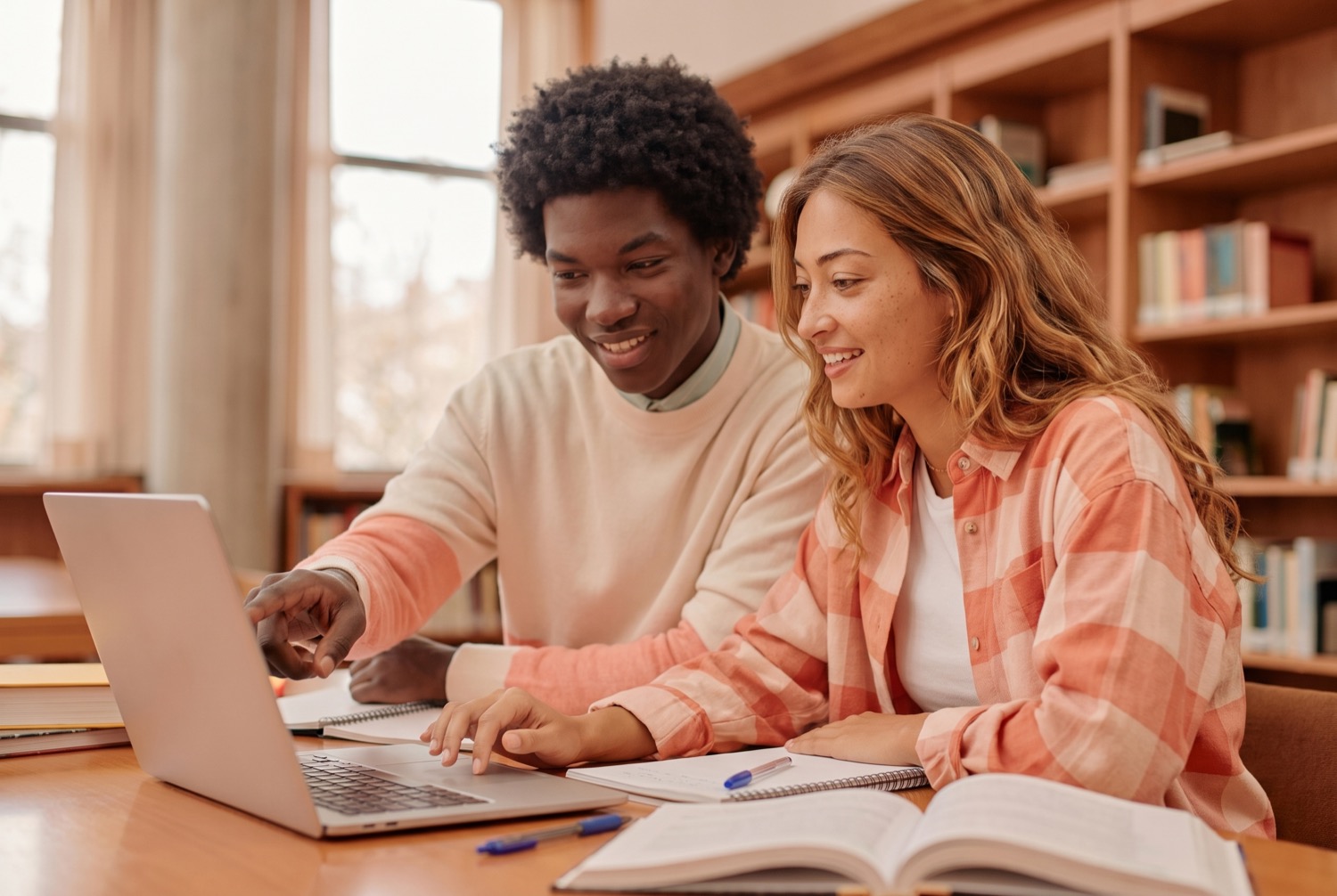 Two students studying together over a laptop at a library table.